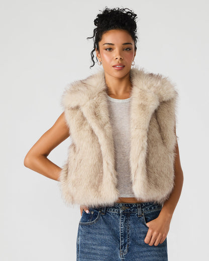 Steve Madden SAFIRA Natural Faux Fur Sleeveless Collared Women's Vest