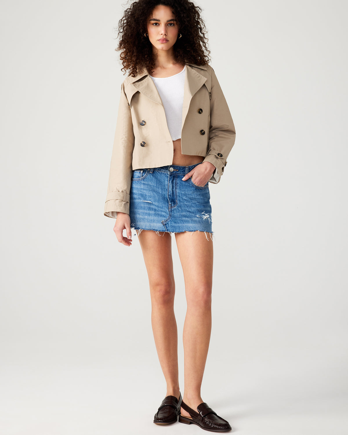 Steve Madden SIRUS Khaki Women's Cropped Denim Trench Coat