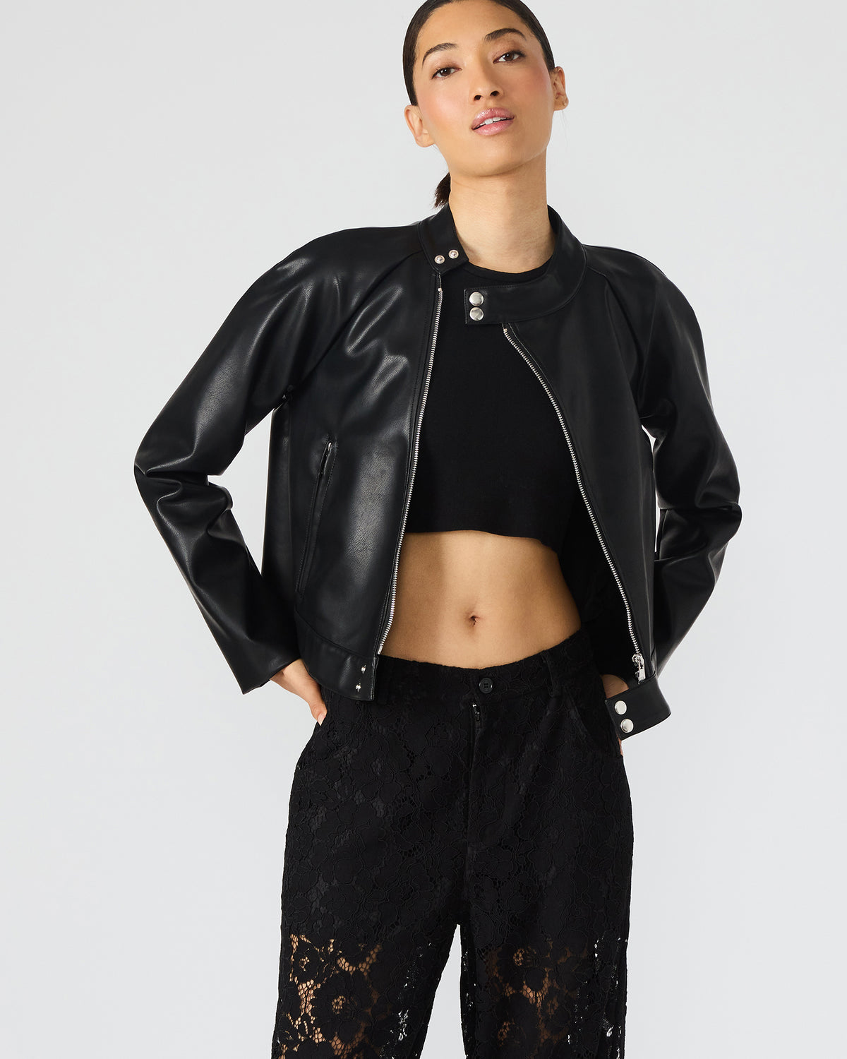 Steve Madden JETT Black Long-Sleeved Faux Leather Zip-Up Women's Jacket