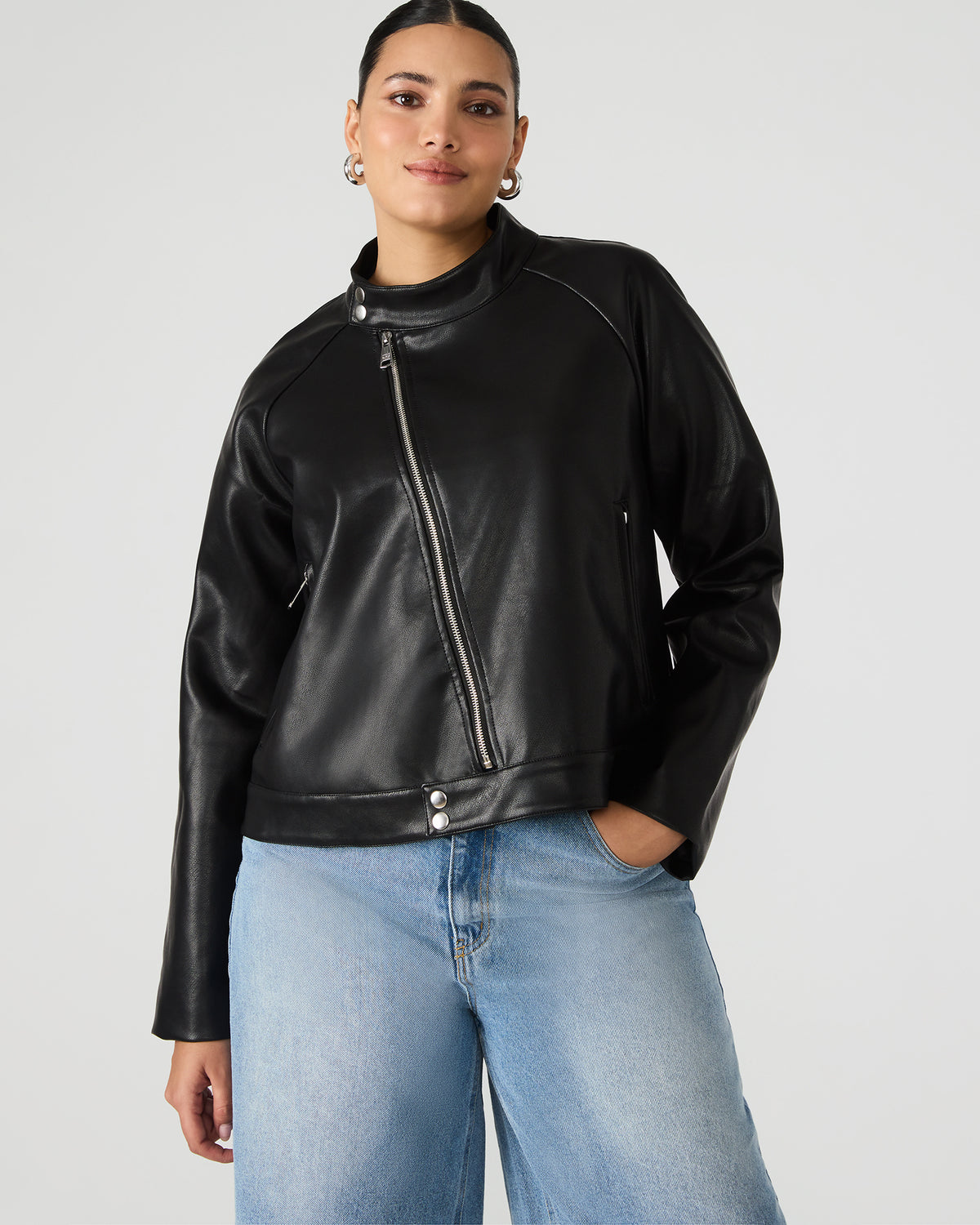 Steve Madden JETT Black Long-Sleeved Faux Leather Zip-Up Women's Jacket