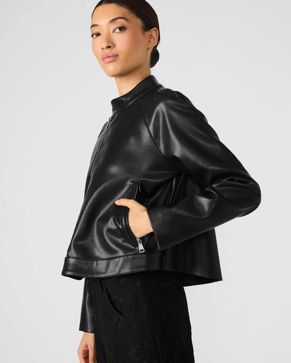 Steve Madden JETT Black Long-Sleeved Faux Leather Zip-Up Women's Jacket