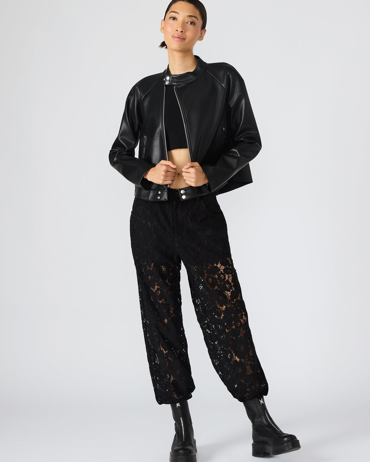 Steve Madden JETT Black Long-Sleeved Faux Leather Zip-Up Women's Jacket