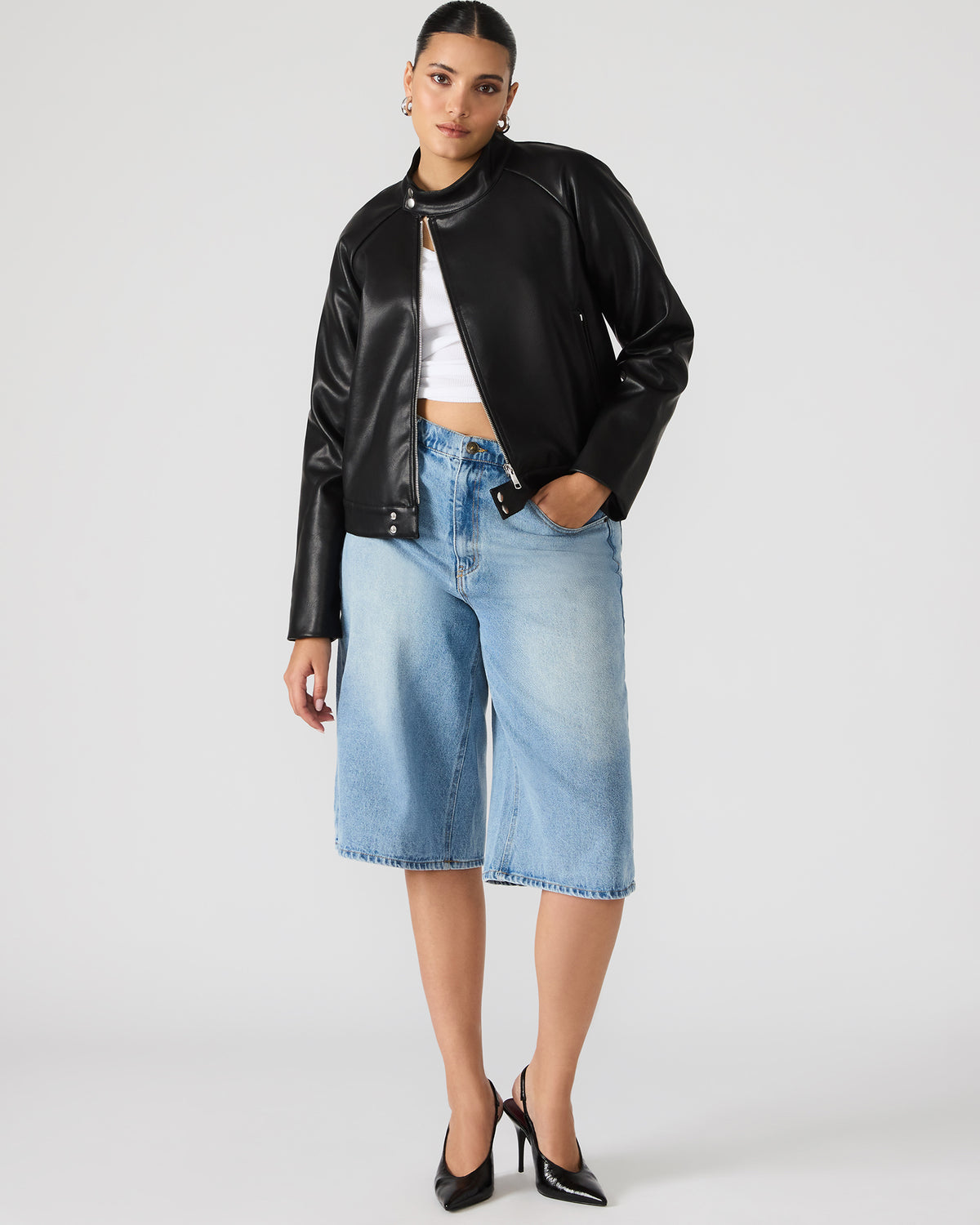 Steve Madden JETT Black Long-Sleeved Faux Leather Zip-Up Women's Jacket