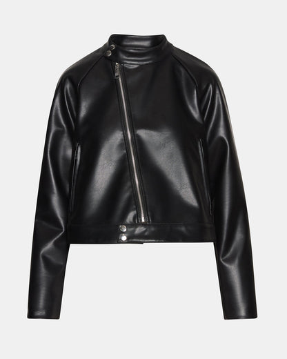 Steve Madden JETT Black Long-Sleeved Faux Leather Zip-Up Women's Jacket