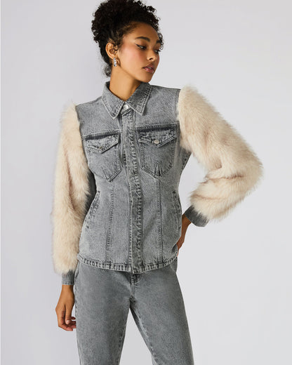 Steve Madden PARKER Fog Faux Fur Long-Sleeved Button-Up Denim Women's Jacket