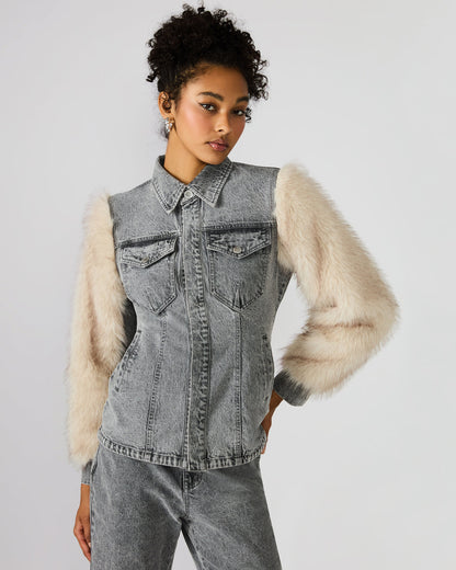 Steve Madden PARKER Fog Faux Fur Long-Sleeved Button-Up Denim Women's Jacket