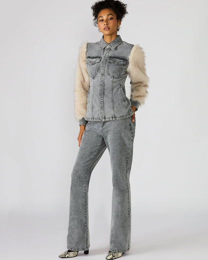 Steve Madden PARKER Fog Faux Fur Long-Sleeved Button-Up Denim Women's Jacket