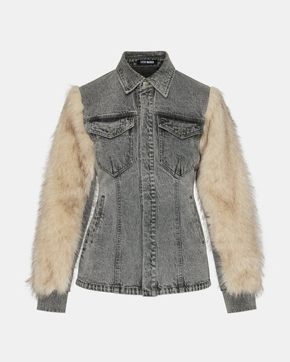 Steve Madden PARKER Fog Faux Fur Long-Sleeved Button-Up Denim Women's Jacket