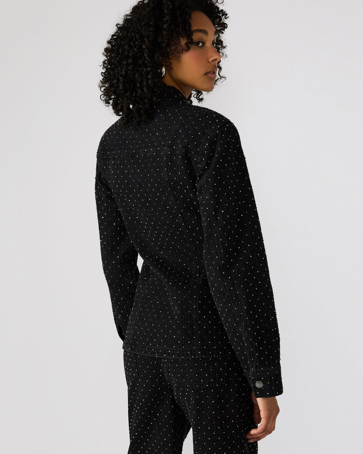 Steve Madden PARC Black Crystal Rhinestone Embellished Long-Sleeved Button-Up Denim Women's Jacket