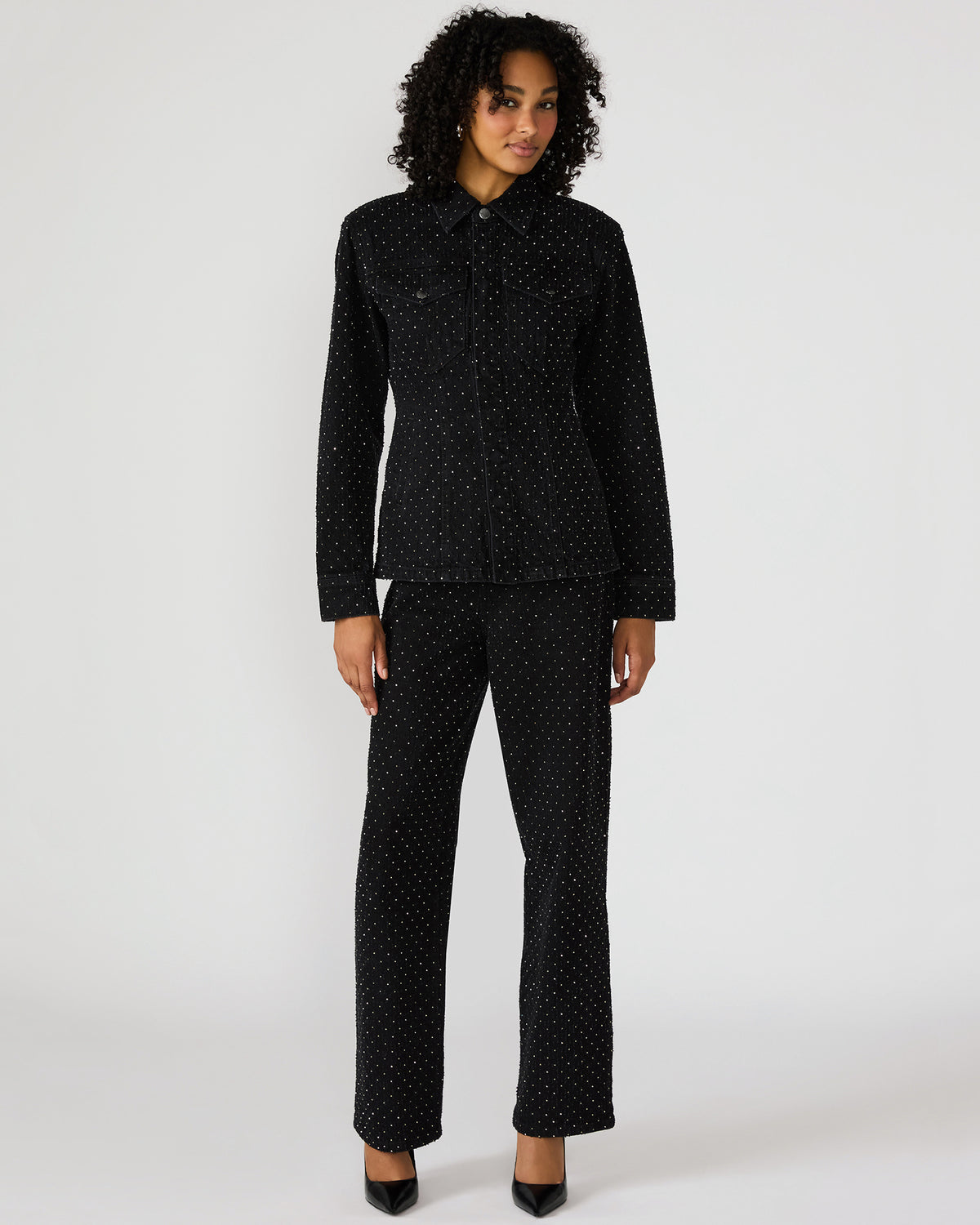 Steve Madden PARC Black Crystal Rhinestone Embellished Long-Sleeved Button-Up Denim Women's Jacket