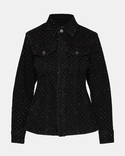 Steve Madden PARC Black Crystal Rhinestone Embellished Long-Sleeved Button-Up Denim Women's Jacket