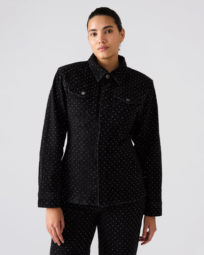 Steve Madden PARC Black Crystal Rhinestone Embellished Long-Sleeved Button-Up Denim Women's Jacket