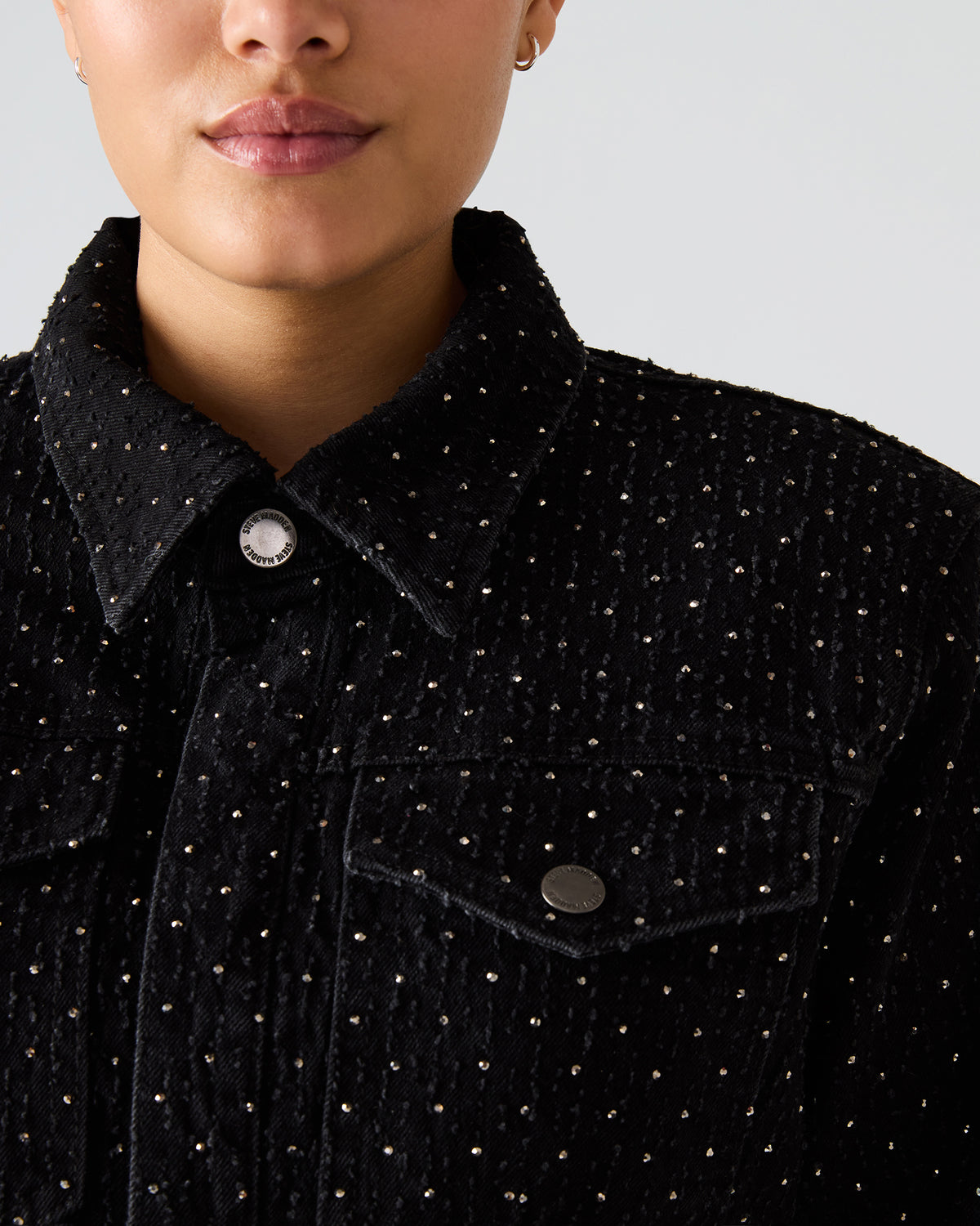 Steve Madden PARC Black Crystal Rhinestone Embellished Long-Sleeved Button-Up Denim Women's Jacket