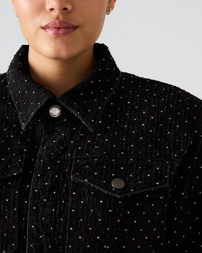 Steve Madden PARC Black Crystal Rhinestone Embellished Long-Sleeved Button-Up Denim Women's Jacket