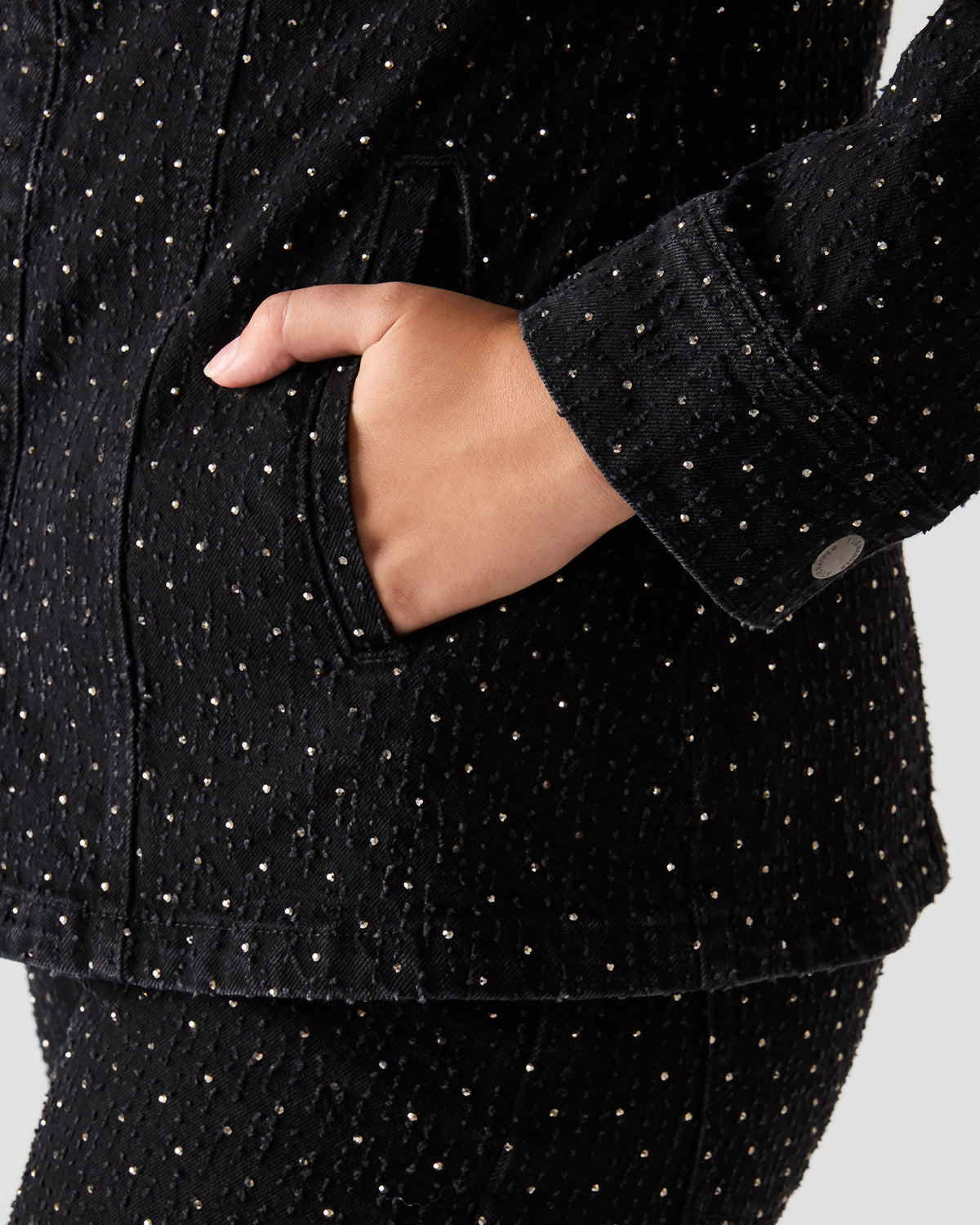 Steve Madden PARC Black Crystal Rhinestone Embellished Long-Sleeved Button-Up Denim Women's Jacket