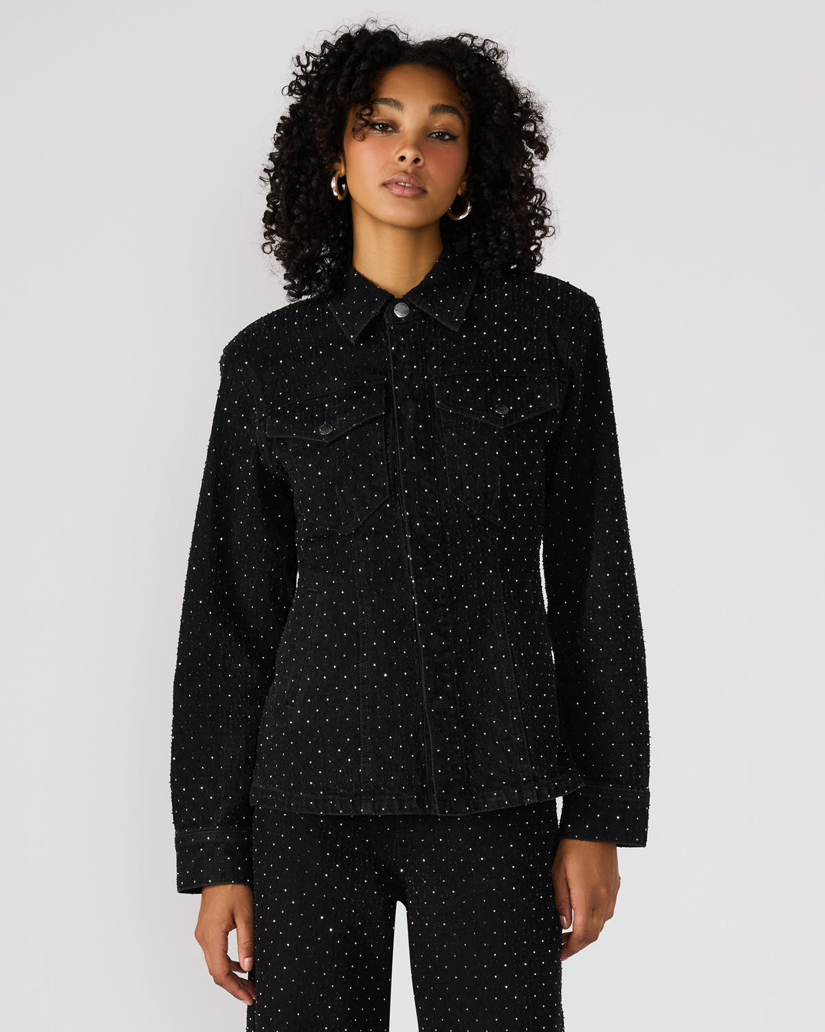 Steve Madden PARC Black Crystal Rhinestone Embellished Long-Sleeved Button-Up Denim Women's Jacket