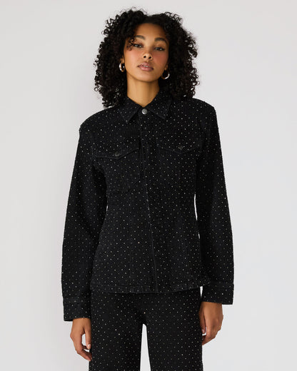 Steve Madden PARC Black Crystal Rhinestone Embellished Long-Sleeved Button-Up Denim Women's Jacket