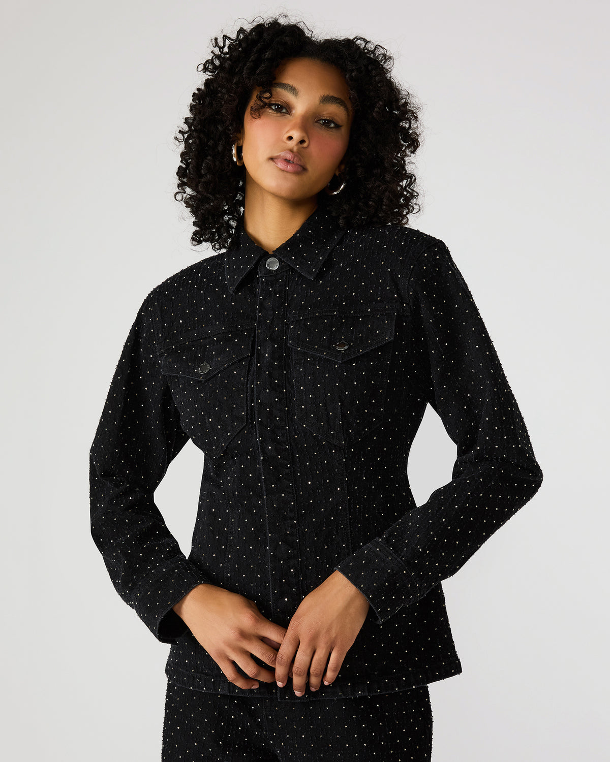 Steve Madden PARC Black Crystal Rhinestone Embellished Long-Sleeved Button-Up Denim Women's Jacket