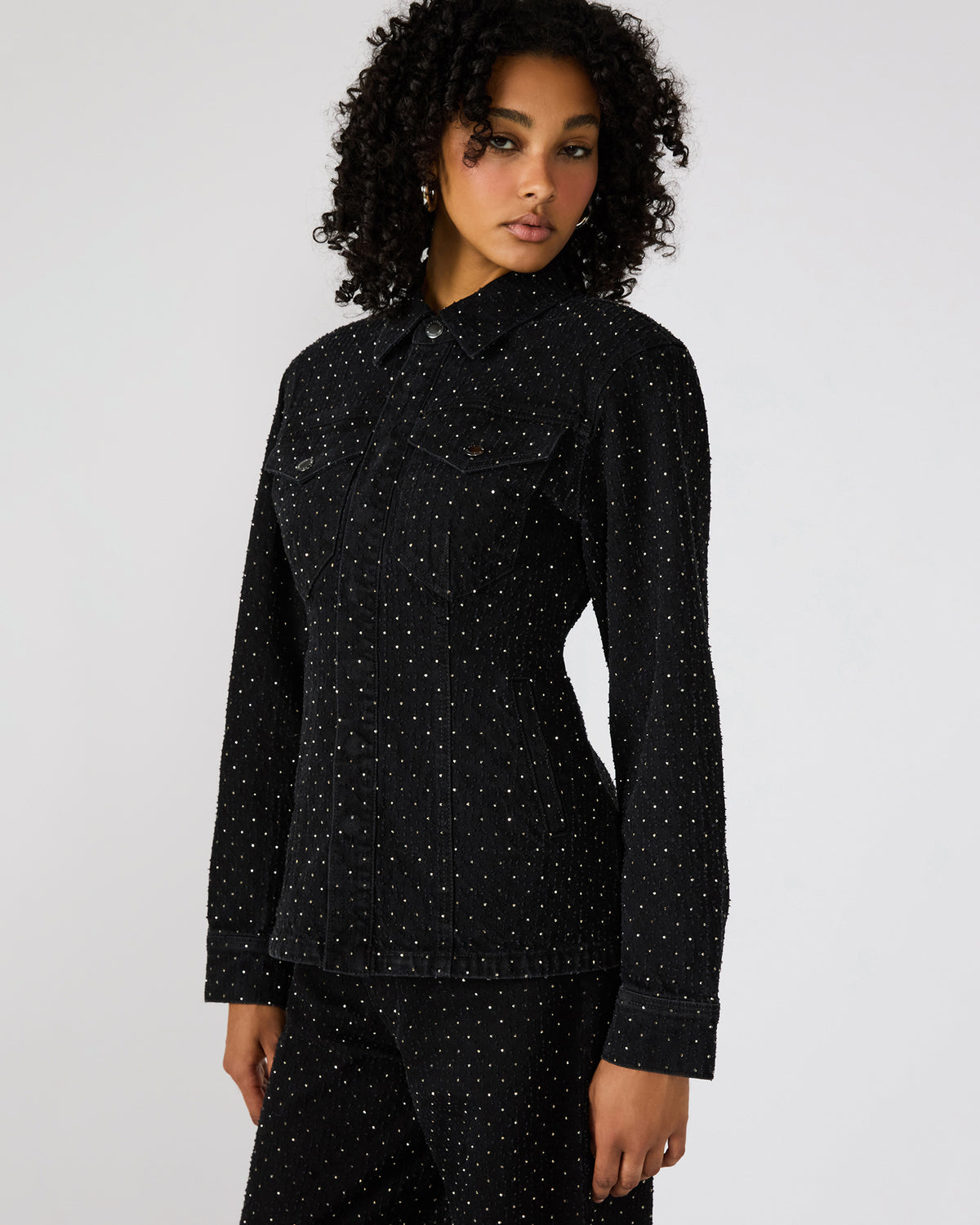 Steve Madden PARC Black Crystal Rhinestone Embellished Long-Sleeved Button-Up Denim Women's Jacket