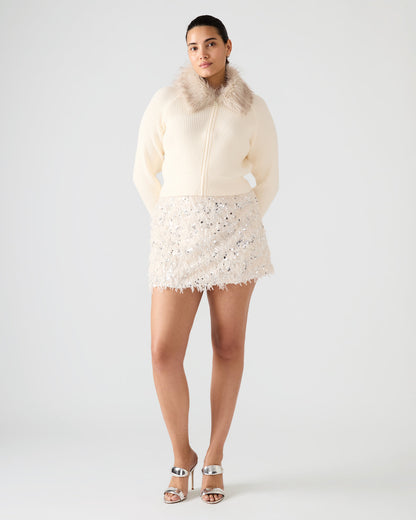 Steve Madden LYSIA Cream Long-Sleeved Faux Fur Hood Zip-Up Ribbed Women's Sweater Jacket