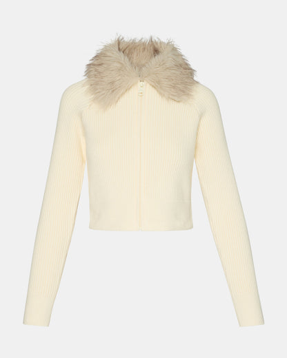 Steve Madden LYSIA Cream Long-Sleeved Faux Fur Hood Zip-Up Ribbed Women's Sweater Jacket