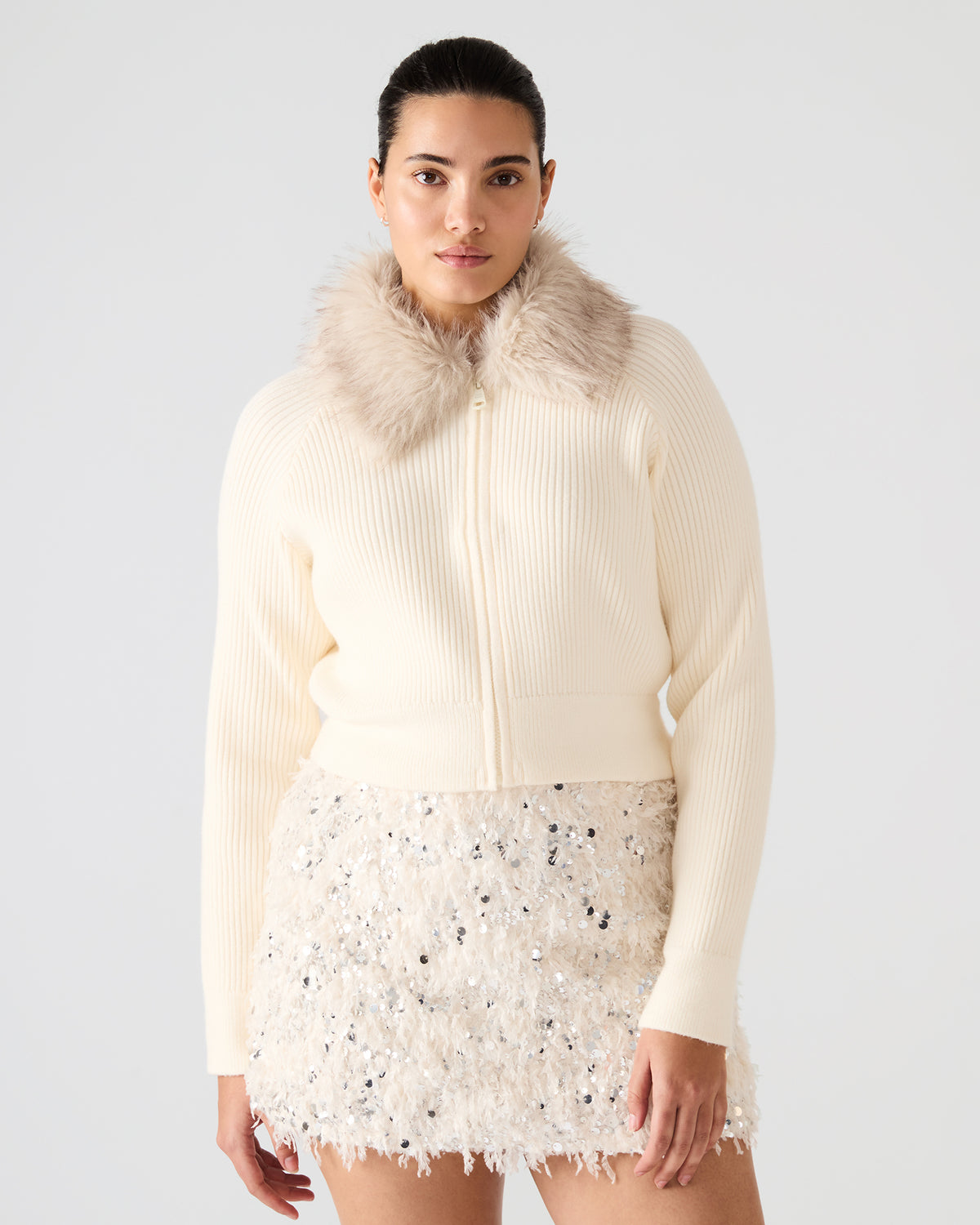 Steve Madden LYSIA Cream Long-Sleeved Faux Fur Hood Zip-Up Ribbed Women's Sweater Jacket