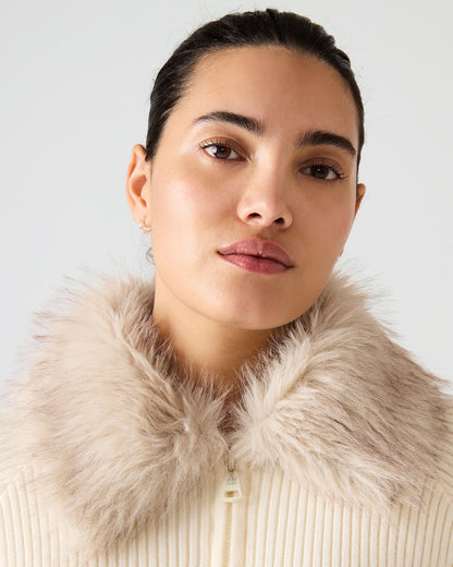 Steve Madden LYSIA Cream Long-Sleeved Faux Fur Hood Zip-Up Ribbed Women's Sweater Jacket
