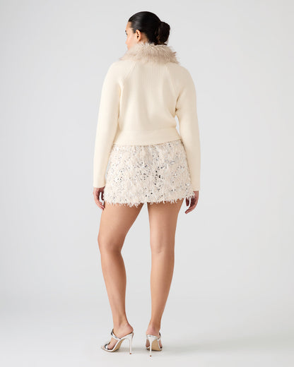Steve Madden LYSIA Cream Long-Sleeved Faux Fur Hood Zip-Up Ribbed Women's Sweater Jacket