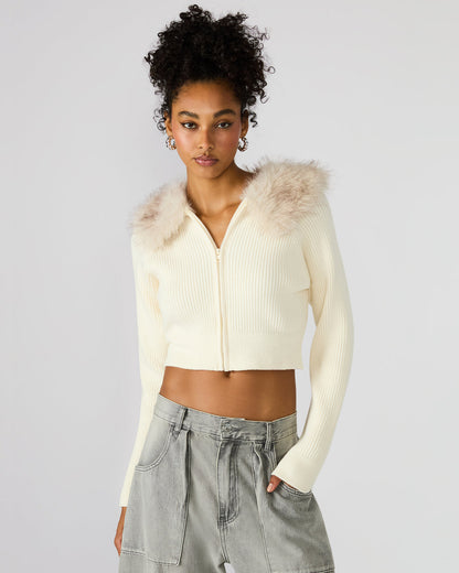 Steve Madden LYSIA Cream Long-Sleeved Faux Fur Hood Zip-Up Ribbed Women's Sweater Jacket