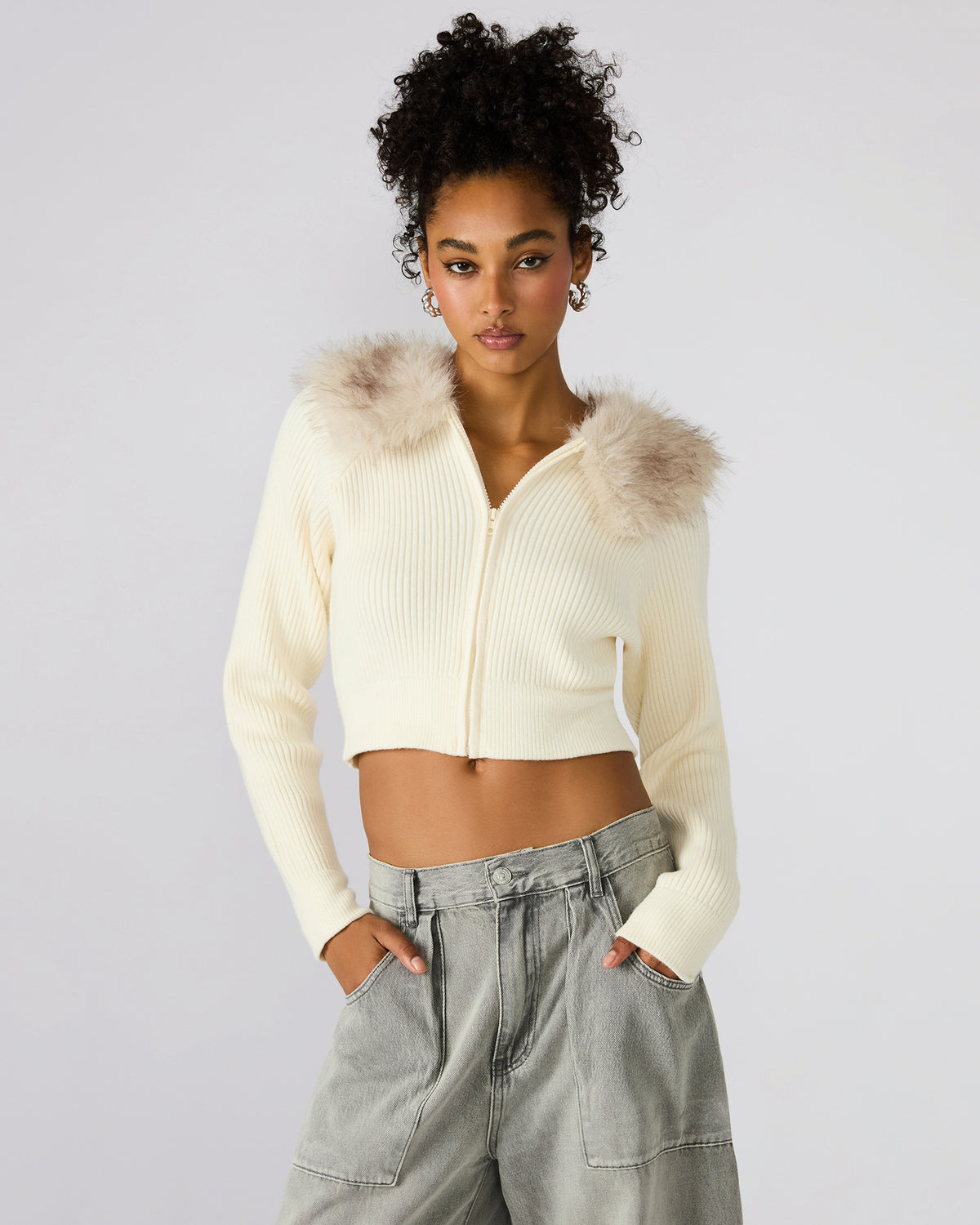 Steve Madden LYSIA Cream Long-Sleeved Faux Fur Hood Zip-Up Ribbed Women's Sweater Jacket