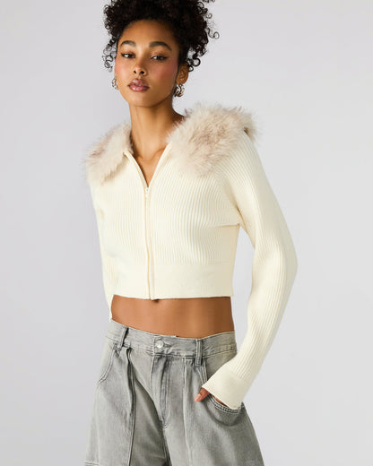 Steve Madden LYSIA Cream Long-Sleeved Faux Fur Hood Zip-Up Ribbed Women's Sweater Jacket