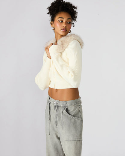 Steve Madden LYSIA Cream Long-Sleeved Faux Fur Hood Zip-Up Ribbed Women's Sweater Jacket