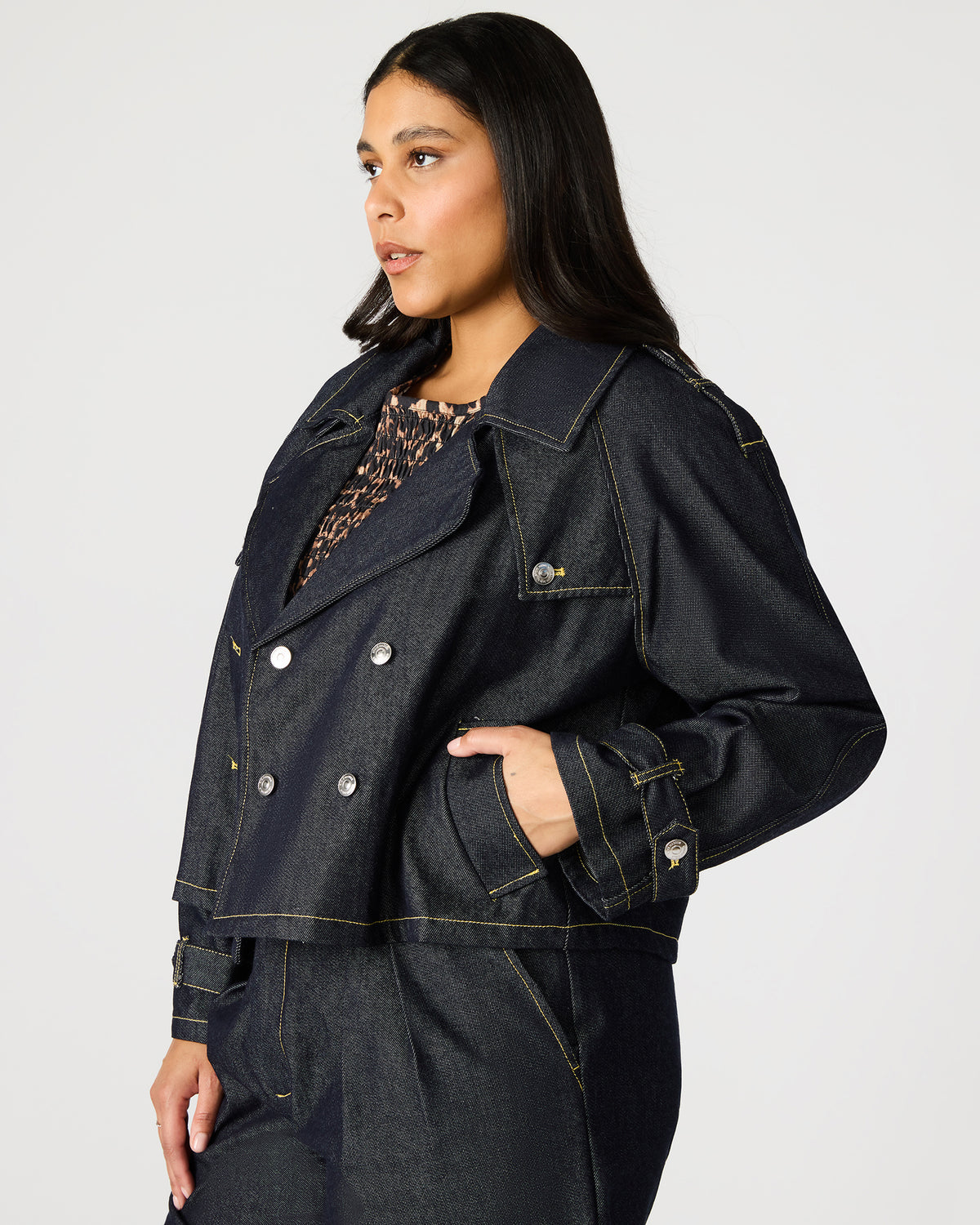 Steve Madden SIRUS Indigo Women's Cropped Denim Trench Coat