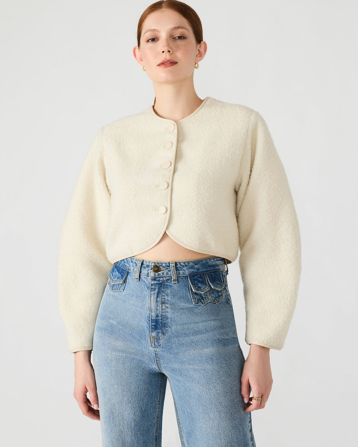 Steve Madden EMILI Cream Long-Sleeved Bubble Button-Up Women's Jacket