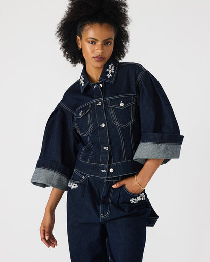 Steve Madden DOROTHY Bijou Blue Button-Up Denim Embellished Women's Jacket