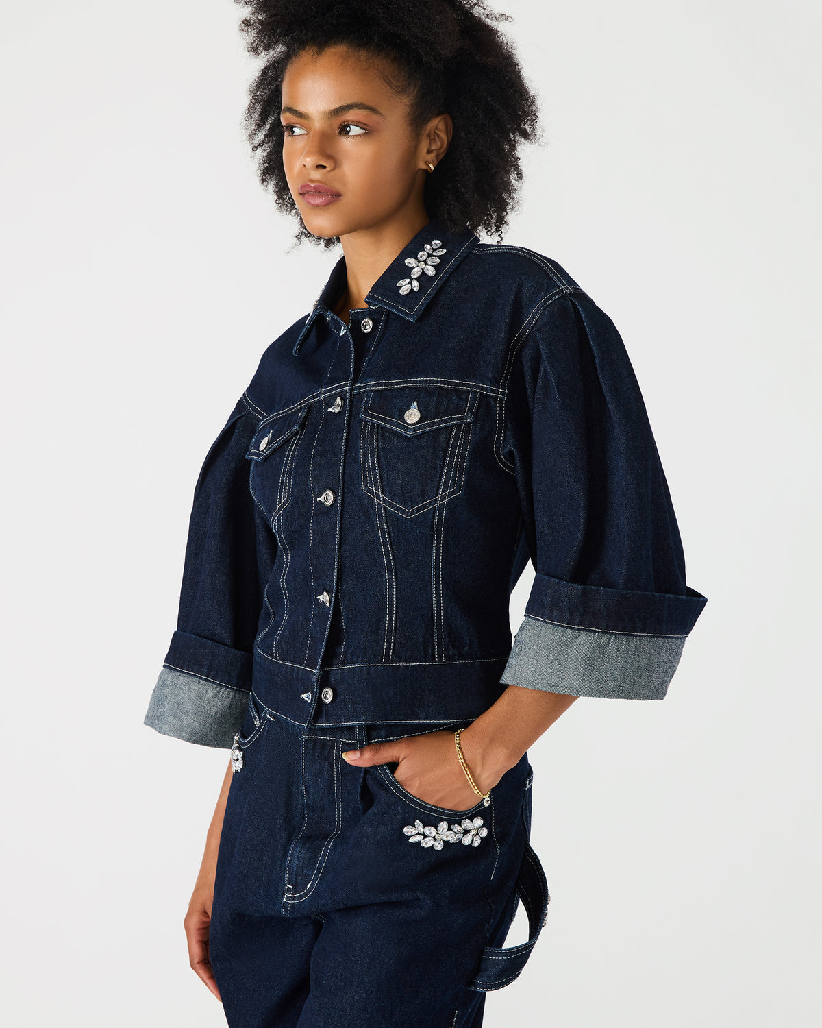 Steve Madden DOROTHY Bijou Blue Button-Up Denim Embellished Women's Jacket