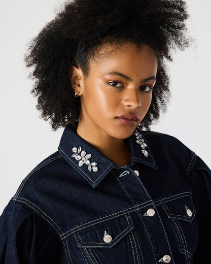 Steve Madden DOROTHY Bijou Blue Button-Up Denim Embellished Women's Jacket