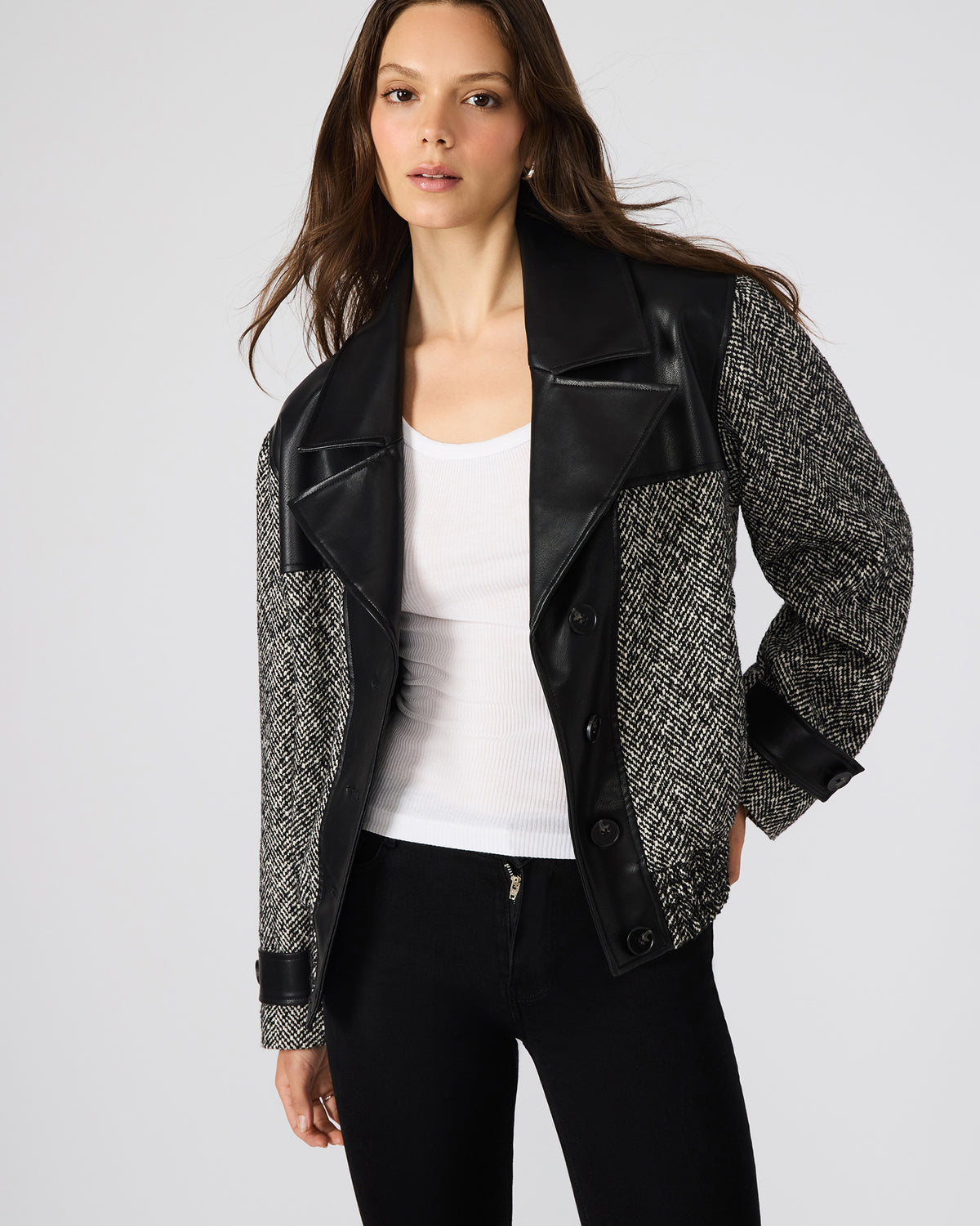 Steve Madden MERCEDES Black Multi Long-Sleeved Button-Up Faux Leather Women's Coat