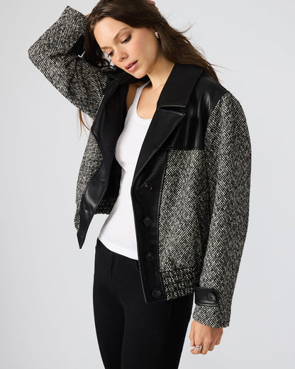 Steve Madden MERCEDES Black Multi Long-Sleeved Button-Up Faux Leather Women's Coat