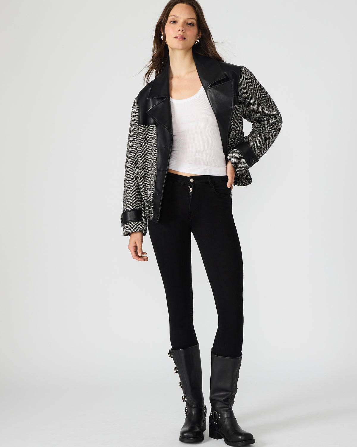 Steve Madden MERCEDES Black Multi Long-Sleeved Button-Up Faux Leather Women's Coat