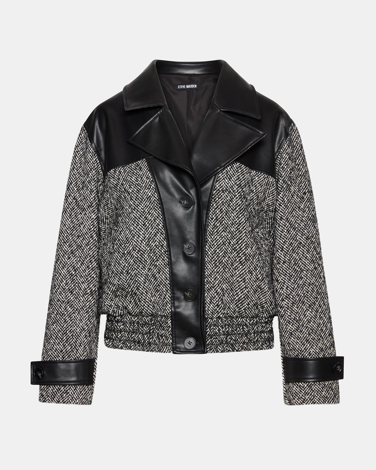 Steve Madden MERCEDES Black Multi Long-Sleeved Button-Up Faux Leather Women's Coat