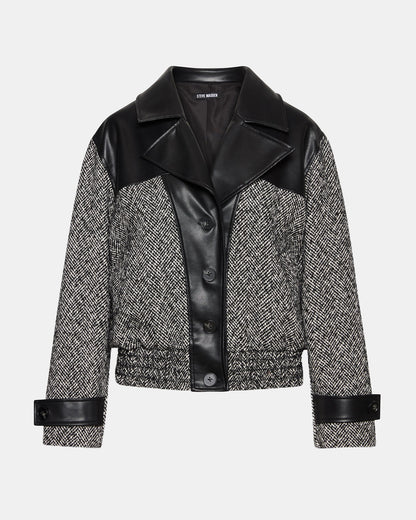 Steve Madden MERCEDES Black Multi Long-Sleeved Button-Up Faux Leather Women's Coat