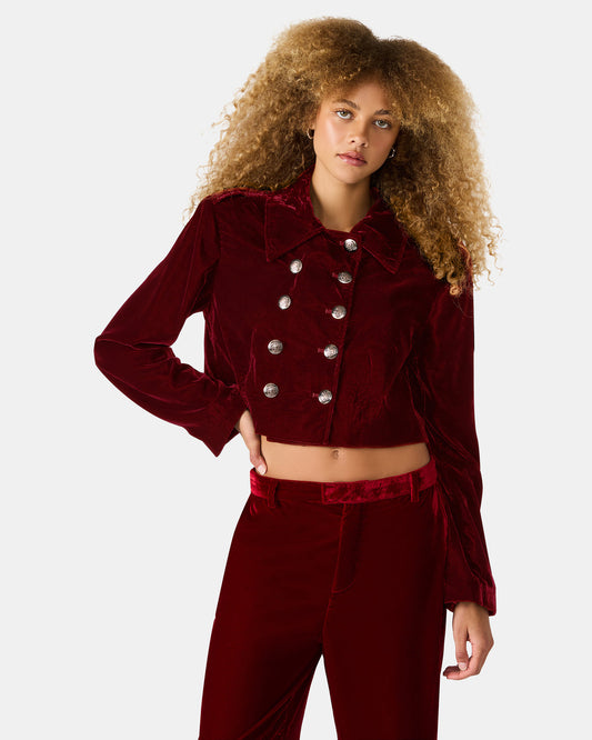 Steve Madden TONIA Red Velvet Button-Up Long-Sleeved Women's Blazer Jacket