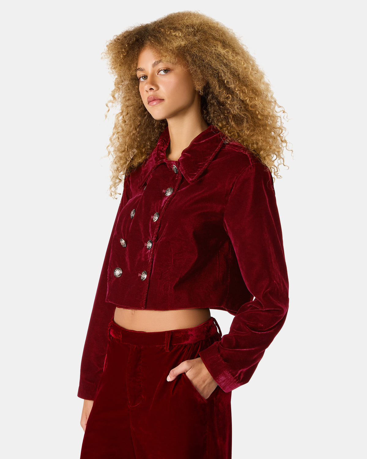 Steve Madden TONIA Red Velvet Button-Up Long-Sleeved Women's Blazer Jacket
