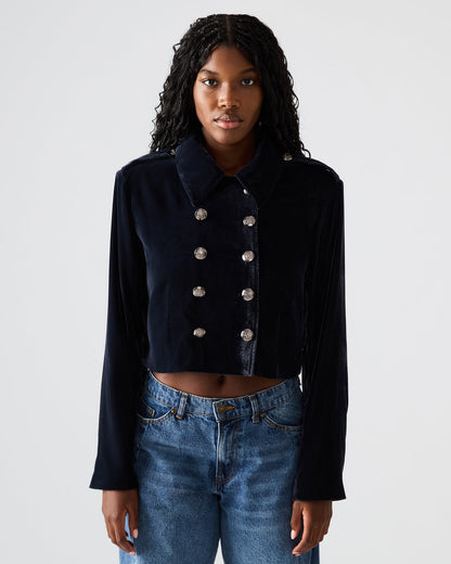 Steve Madden TONIA Indigo Haze Velvet Button-Up Long-Sleeved Women's Blazer Jacket