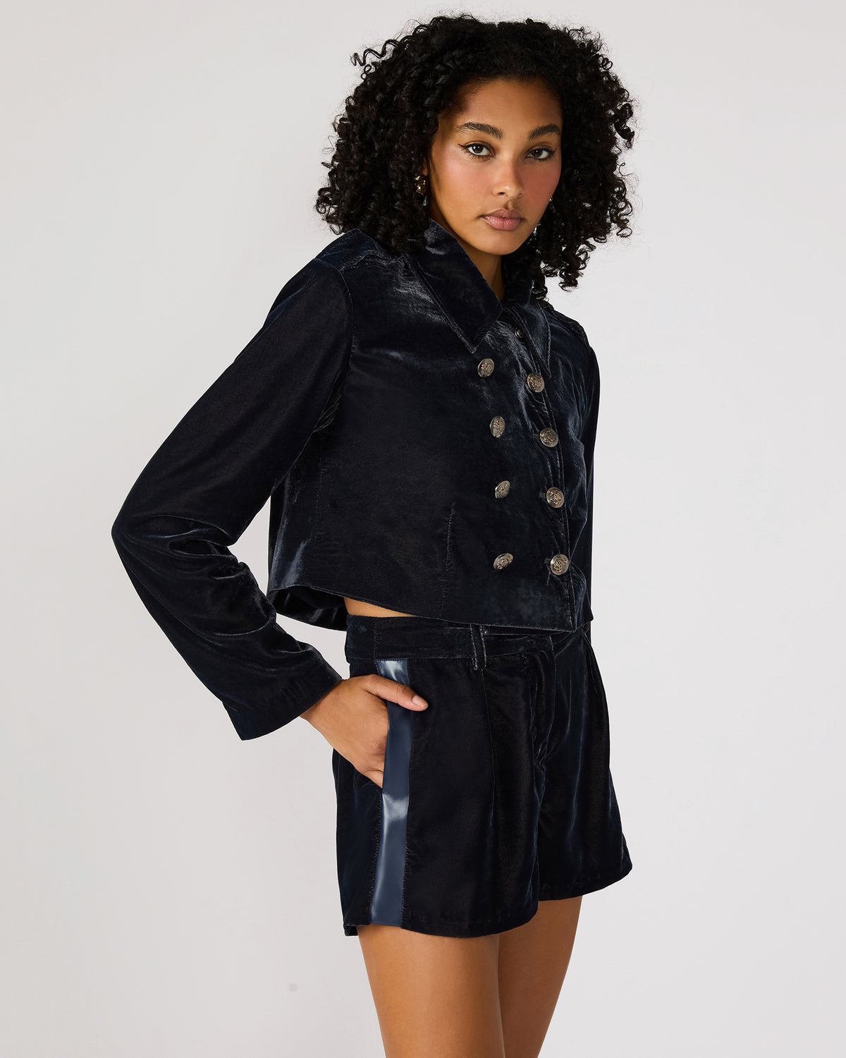 Steve Madden TONIA Indigo Haze Velvet Button-Up Long-Sleeved Women's Blazer Jacket