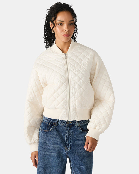 Steve Madden DARLA Ivory Long-Sleeved Zip-Up Quilted Women's Jacket