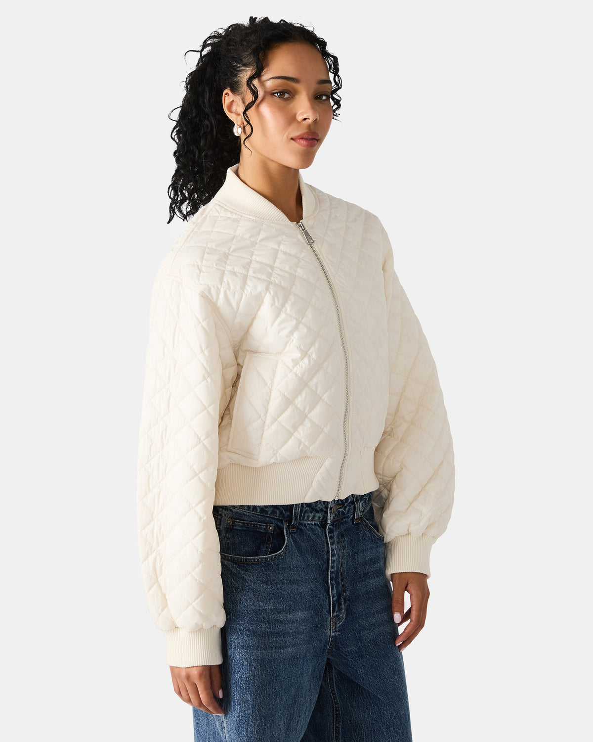 Steve Madden DARLA Ivory Long-Sleeved Zip-Up Quilted Women's Jacket