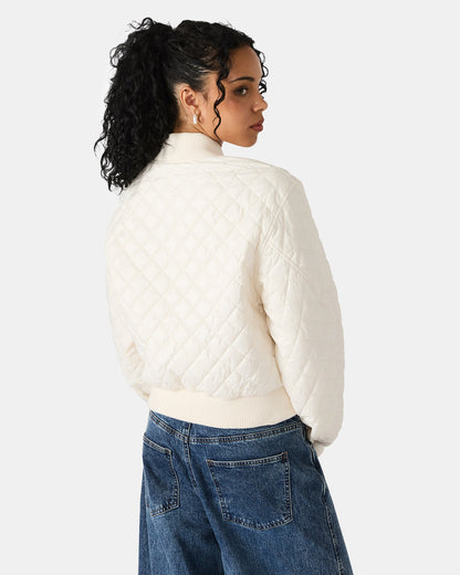 Steve Madden DARLA Ivory Long-Sleeved Zip-Up Quilted Women's Jacket