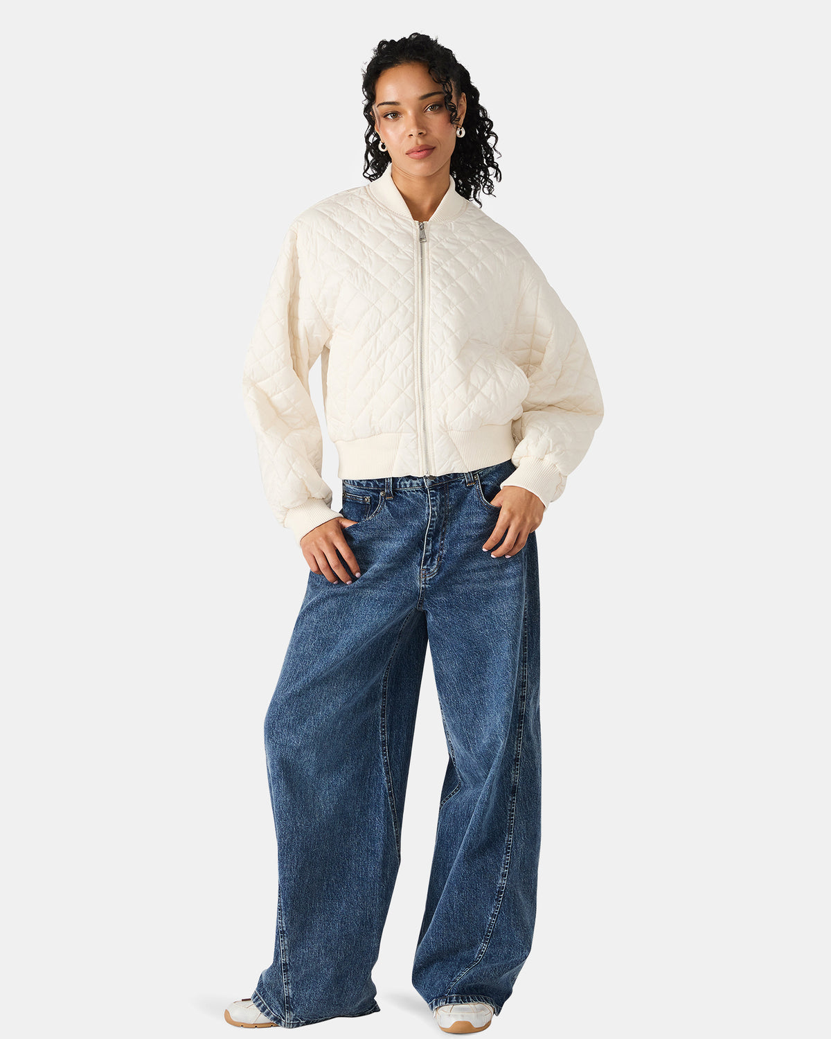 Steve Madden DARLA Ivory Long-Sleeved Zip-Up Quilted Women's Jacket